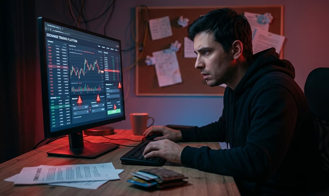 Analyst reviewing suspicious investment platform screens